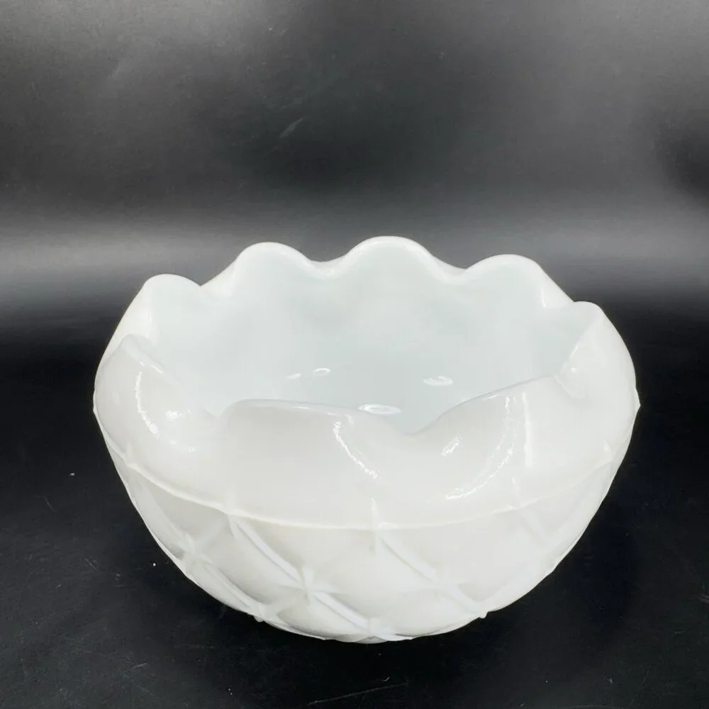 1970S Indiana Glass Milk Glass‎ Quilted Duette Crimped Edges White Dish Bowl VTG